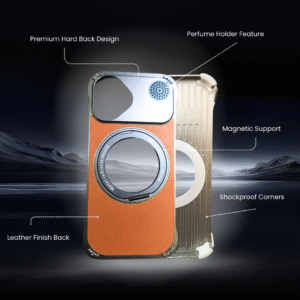 I Phone 16 Premium Hard Back Cover – Leather Finish with Perfume Holder & Shockproof Protection