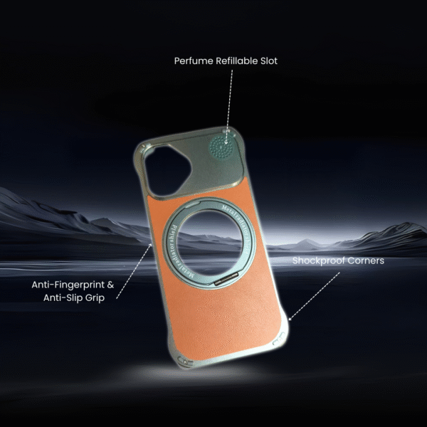 I Phone 16 Premium Hard Back Cover – Leather Finish with Perfume Holder & Shockproof Protection - Image 3