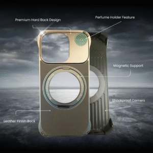 I Phone 16 Pro Max Premium Hard Back Cover – Leather Finish with Perfume Holder magnetic support