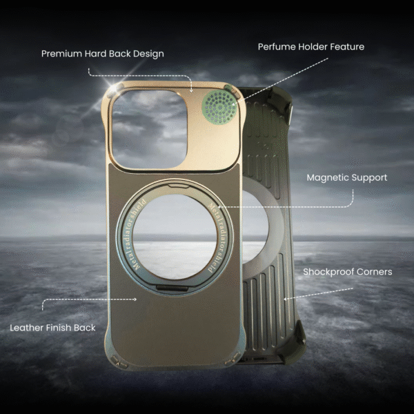 I Phone 16 Pro Max Premium Hard Back Cover – Leather Finish with Perfume Holder magnetic support